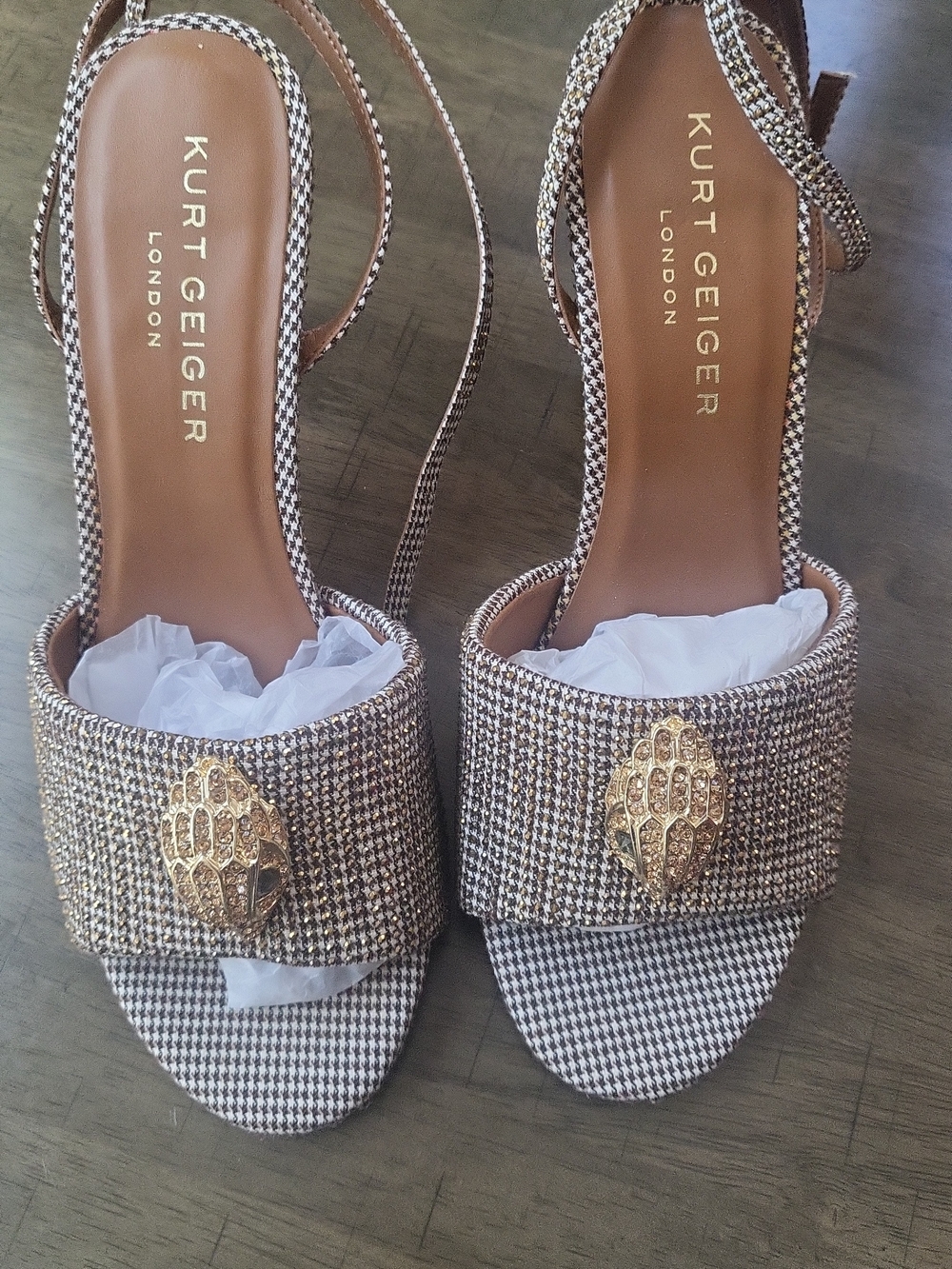 Kurt Geiger Metallic Tweed Block Heel Sandals with Gold Emblem